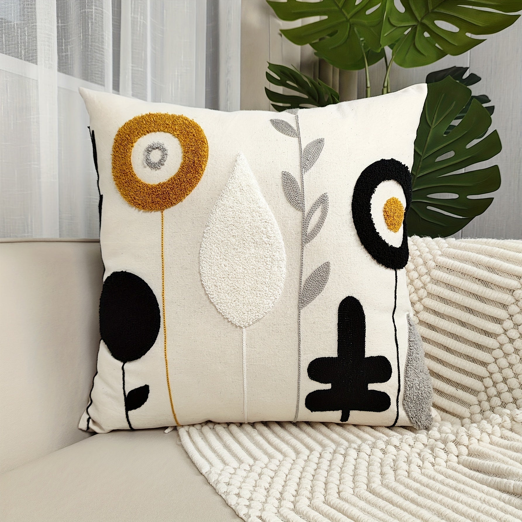 Round Floral Embroidered Cushion Cover