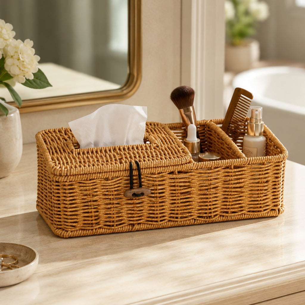 Boho Raffia Desk Organiser with Tissue Holder