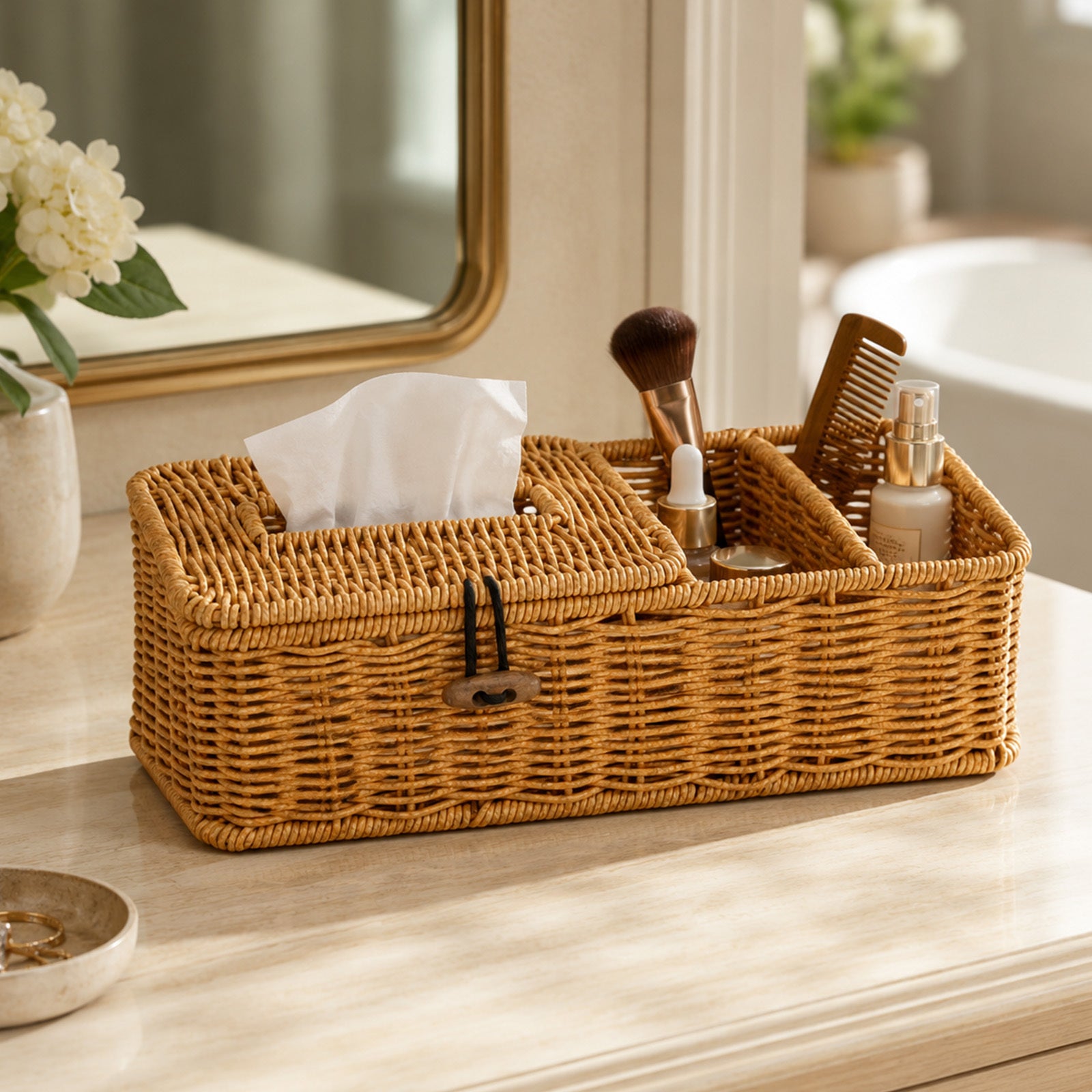 Boho Raffia Desk Organiser with Tissue Holder