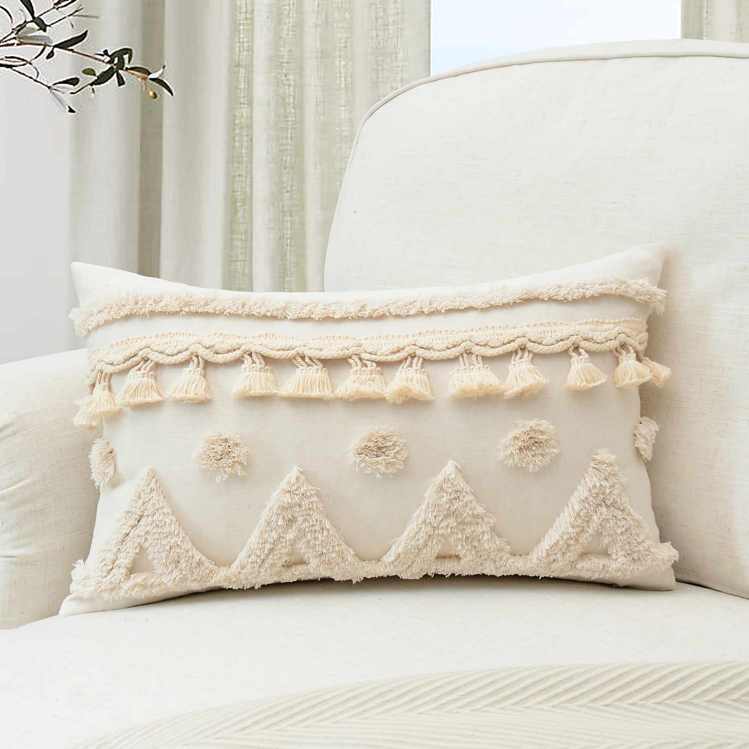 Natural Linen Cushion Cover with Geometric Tassel Detail