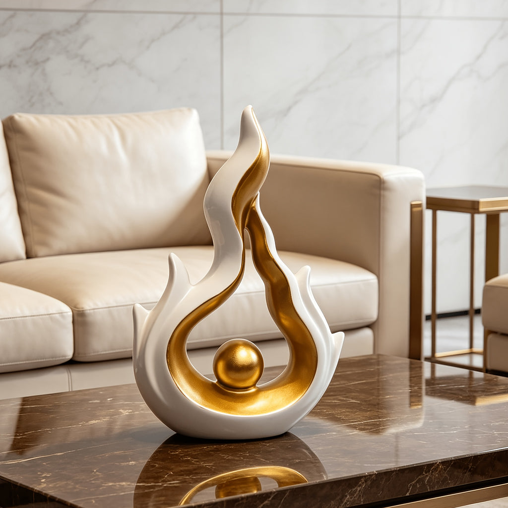 Abstract Flame Resin Sculpture – White & Gold