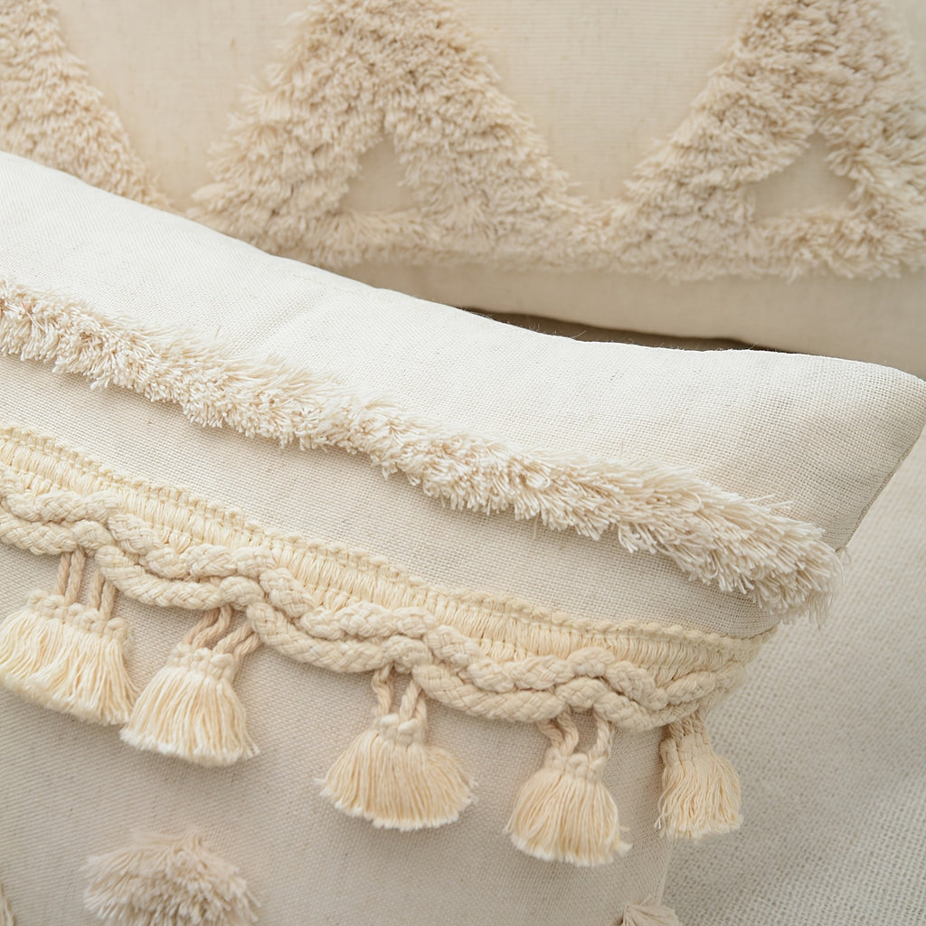 Natural Linen Cushion Cover with Geometric Tassel Detail