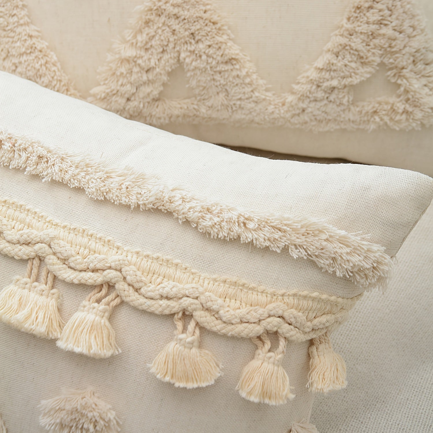 Natural Linen Cushion Cover with Geometric Tassel Detail
