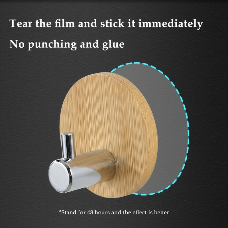 4 Adhesive Stainless Steel Hooks with Wood Base