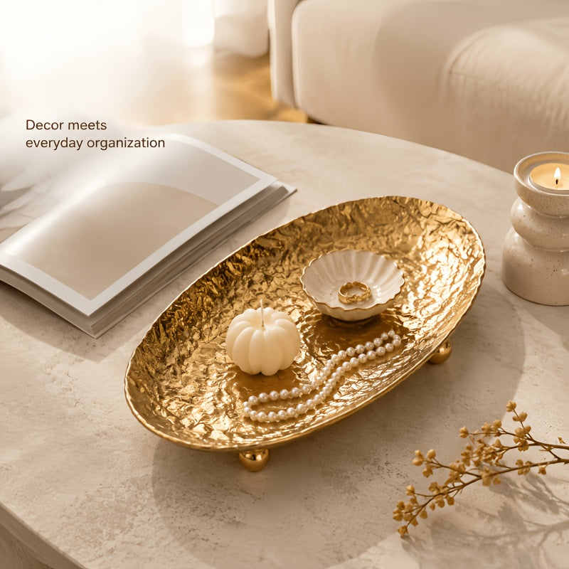 Hammered Gold Wrought Iron Decorative Tray with Tripod Stand