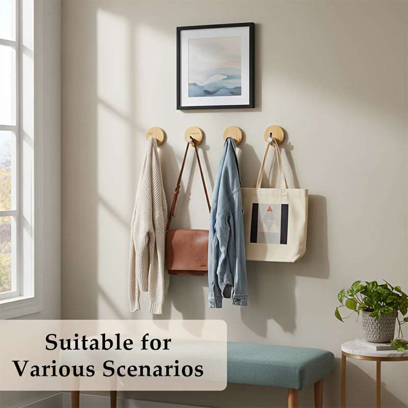 4 Adhesive Stainless Steel Hooks with Wood Base