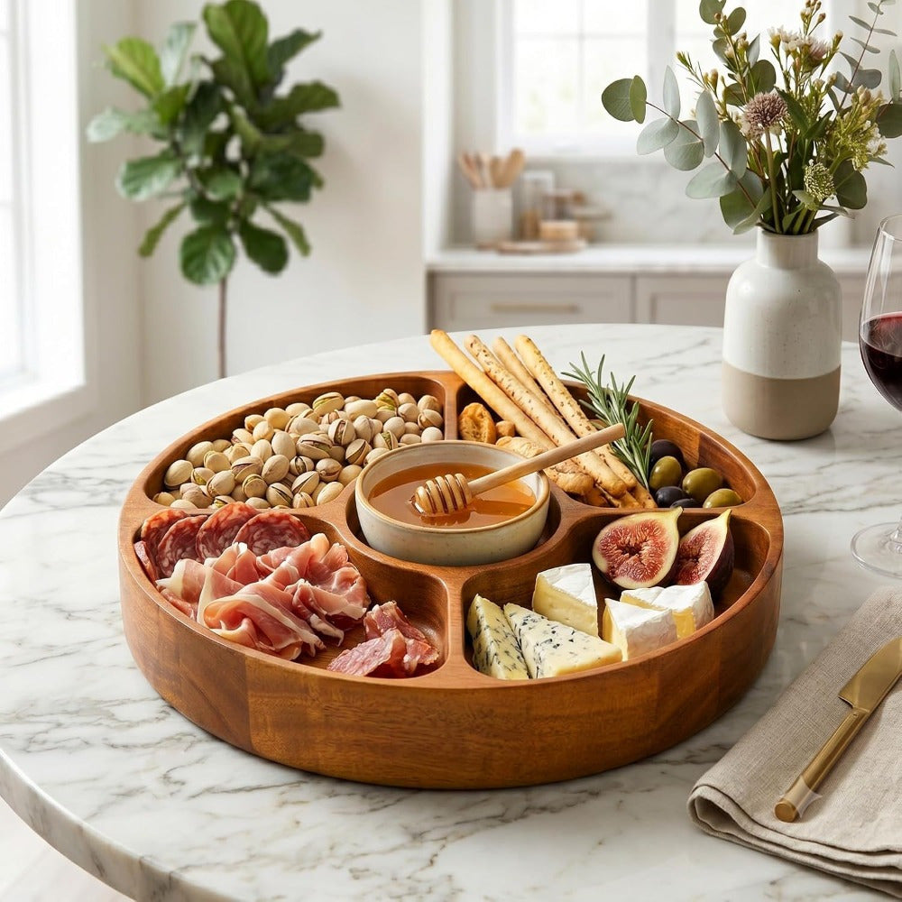 5-Section Round Wooden Snack Serving Board