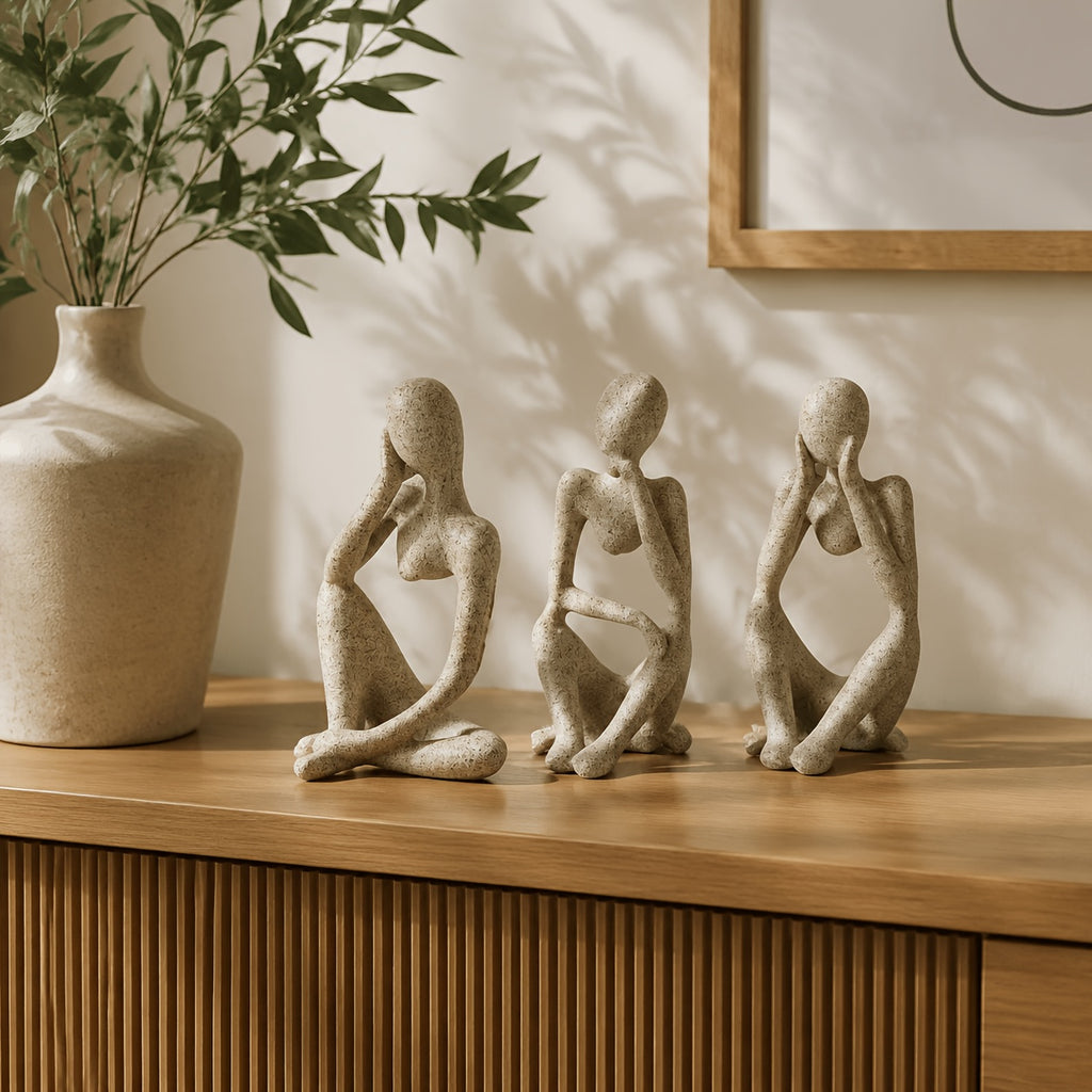 Set of 3 Abstract Seated Human Sandstone Resin Figurines