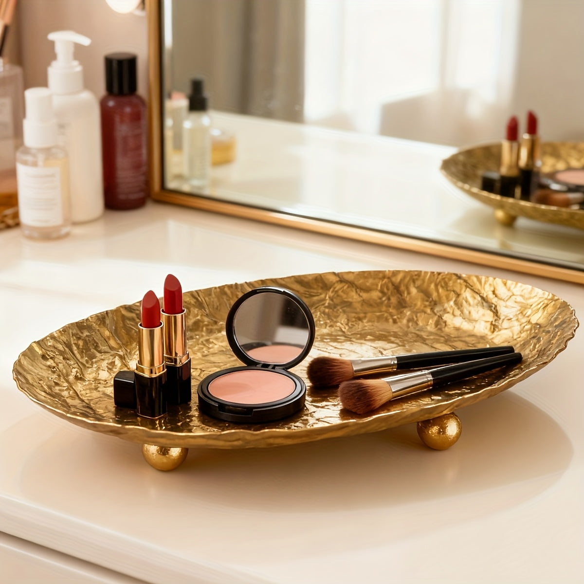 Hammered Gold Wrought Iron Decorative Tray with Tripod Stand
