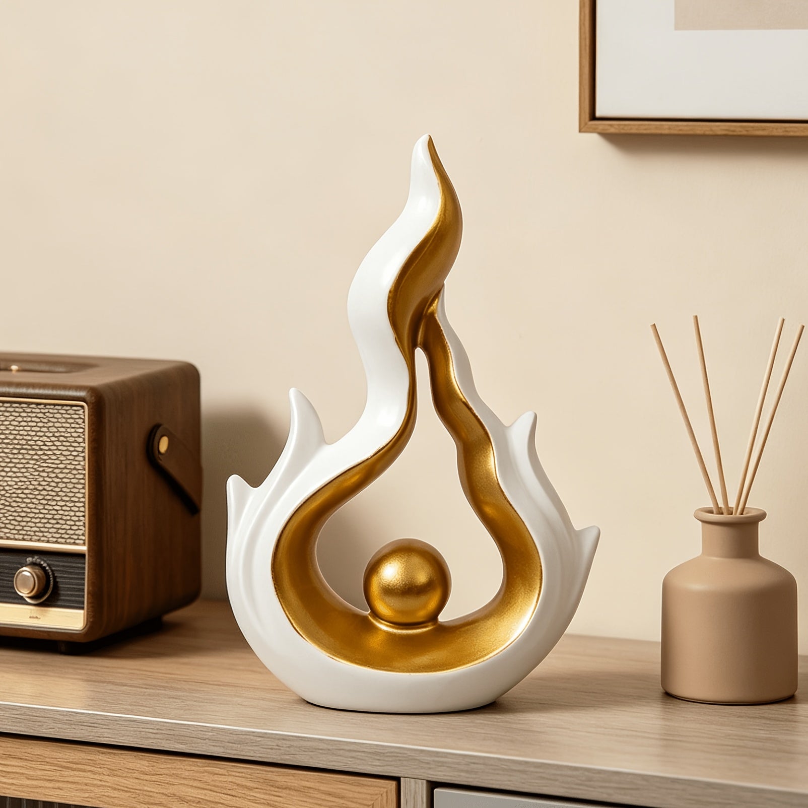 Abstract Flame Resin Sculpture – White & Gold