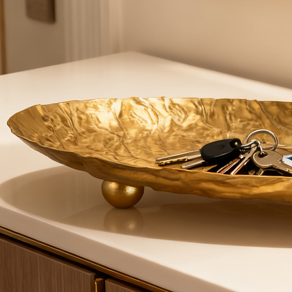 Hammered Gold Wrought Iron Decorative Tray with Tripod Stand