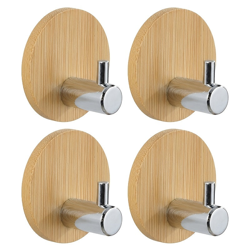 4 Adhesive Stainless Steel Hooks with Wood Base