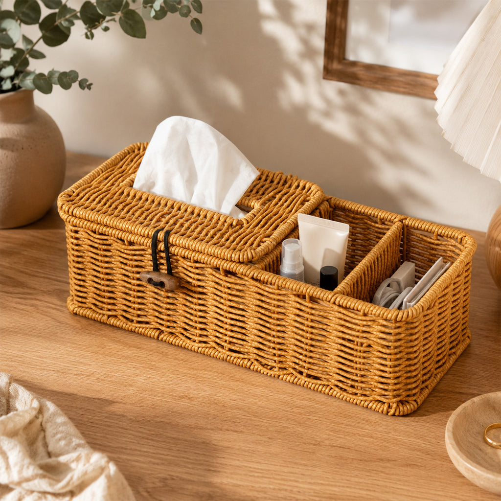Boho Raffia Desk Organiser with Tissue Holder