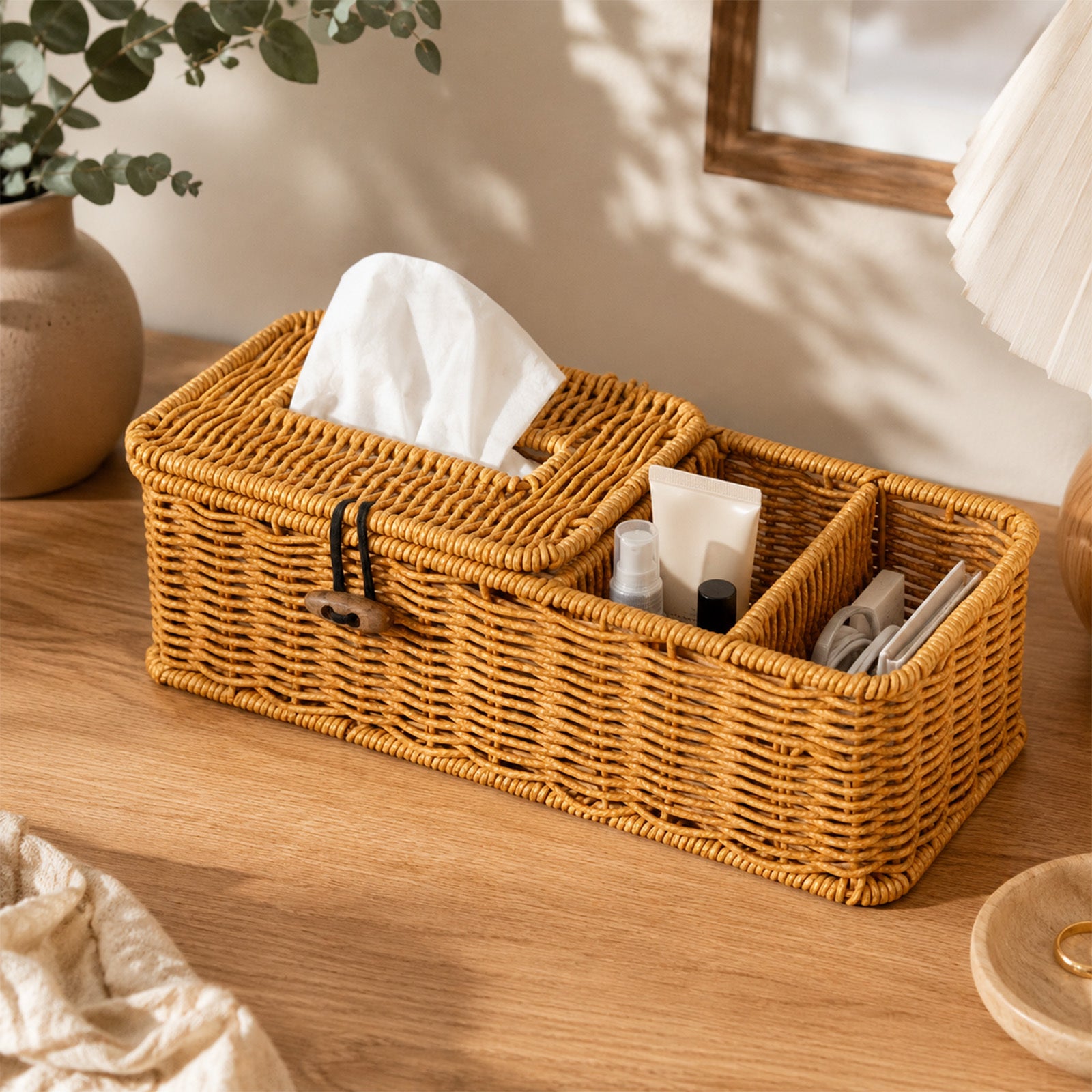 Boho Raffia Desk Organiser with Tissue Holder