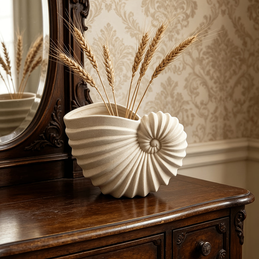 Nautilus Shell Ceramic Vase – Coastal Wabi-Sabi