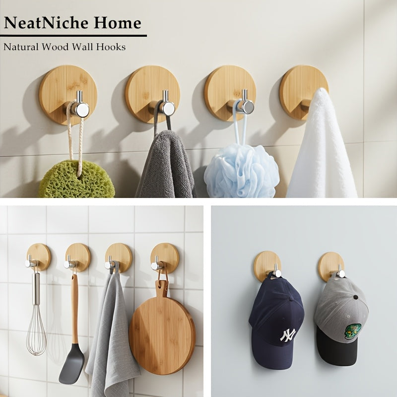 4 Adhesive Stainless Steel Hooks with Wood Base