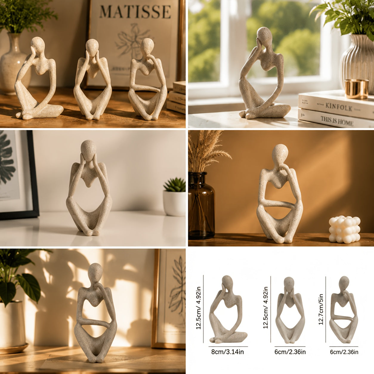 Set of 3 Abstract Sandstone Reading Thinker Figurines