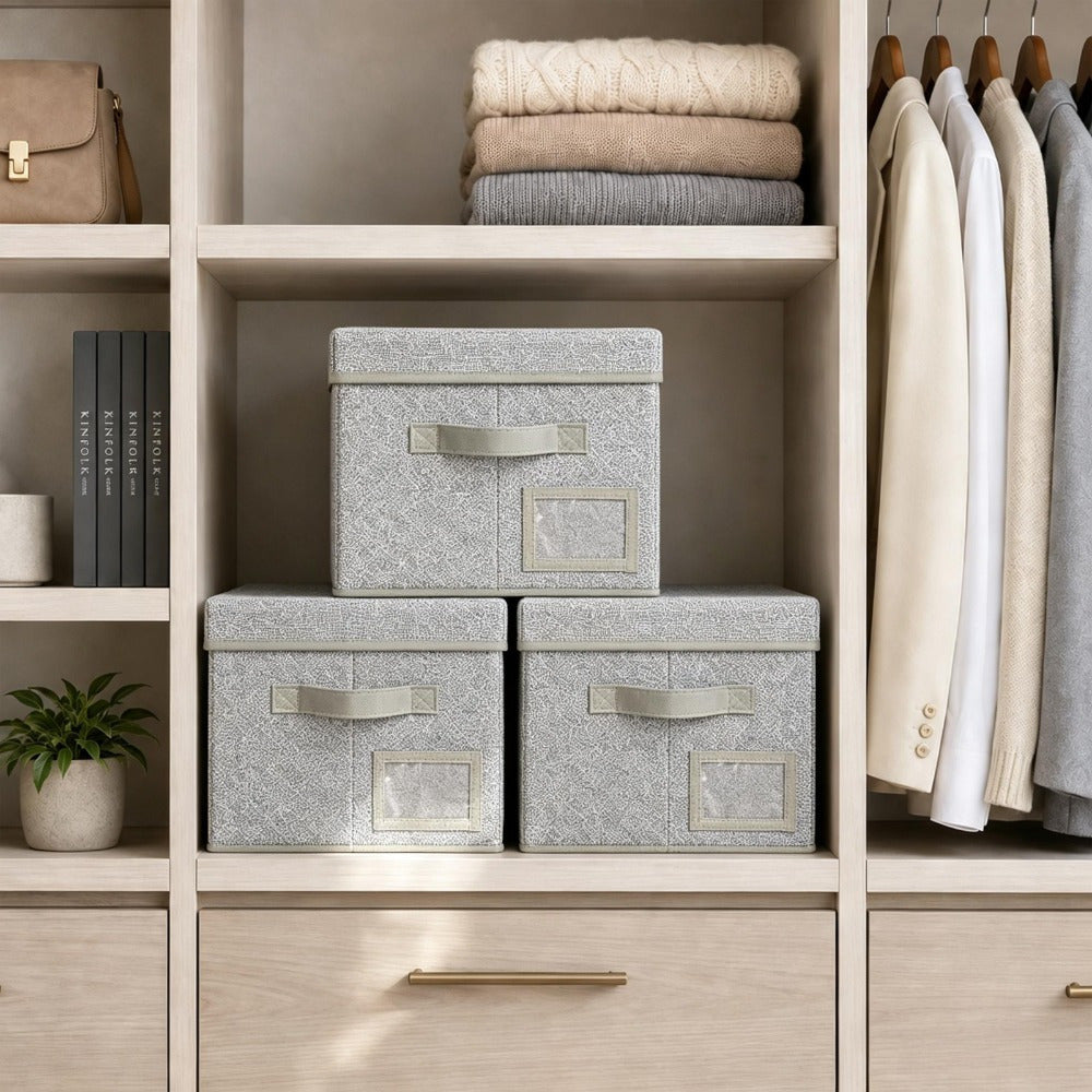Set of 3 Large Fabric Storage Boxes with Lids
