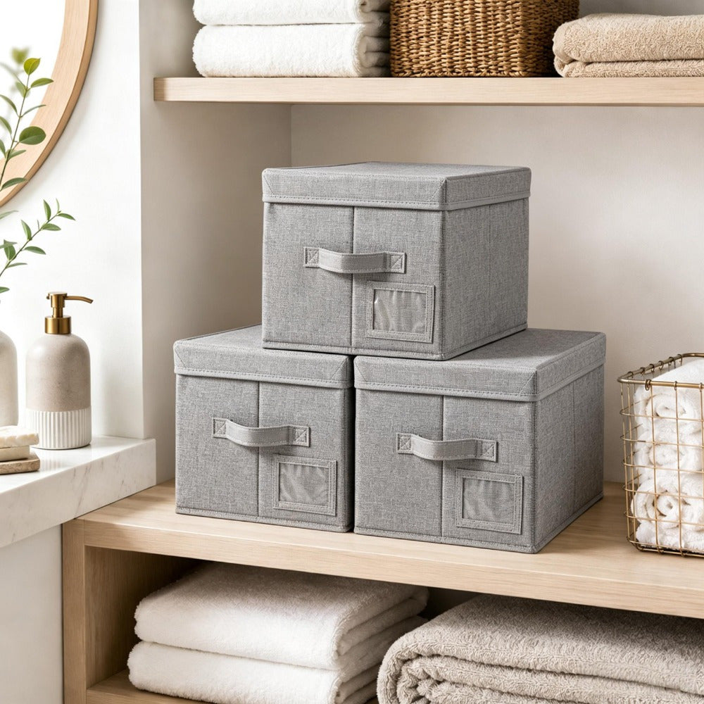 Set of 3 Large Fabric Storage Boxes with Lids