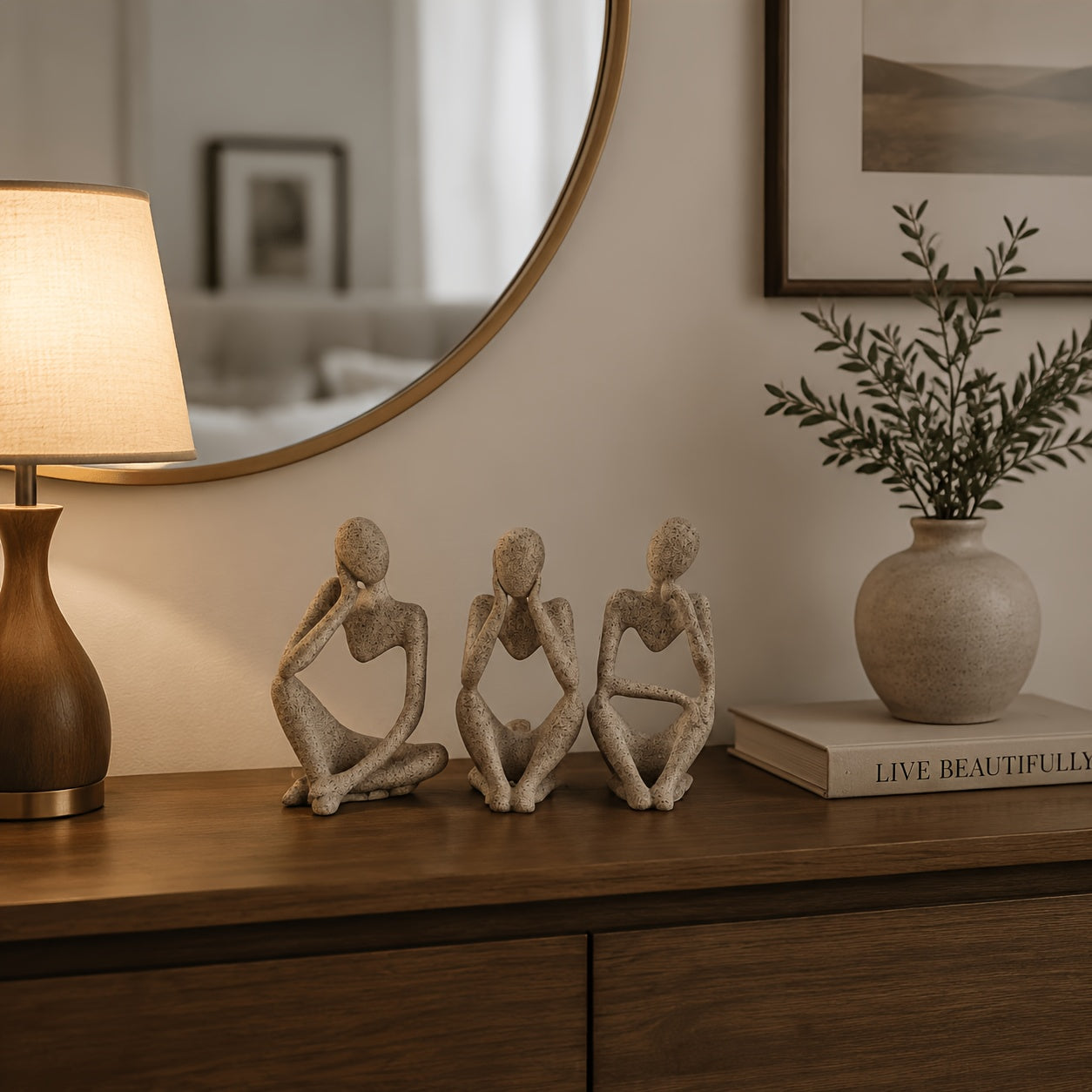 Set of 3 Abstract Seated Human Sandstone Resin Figurines