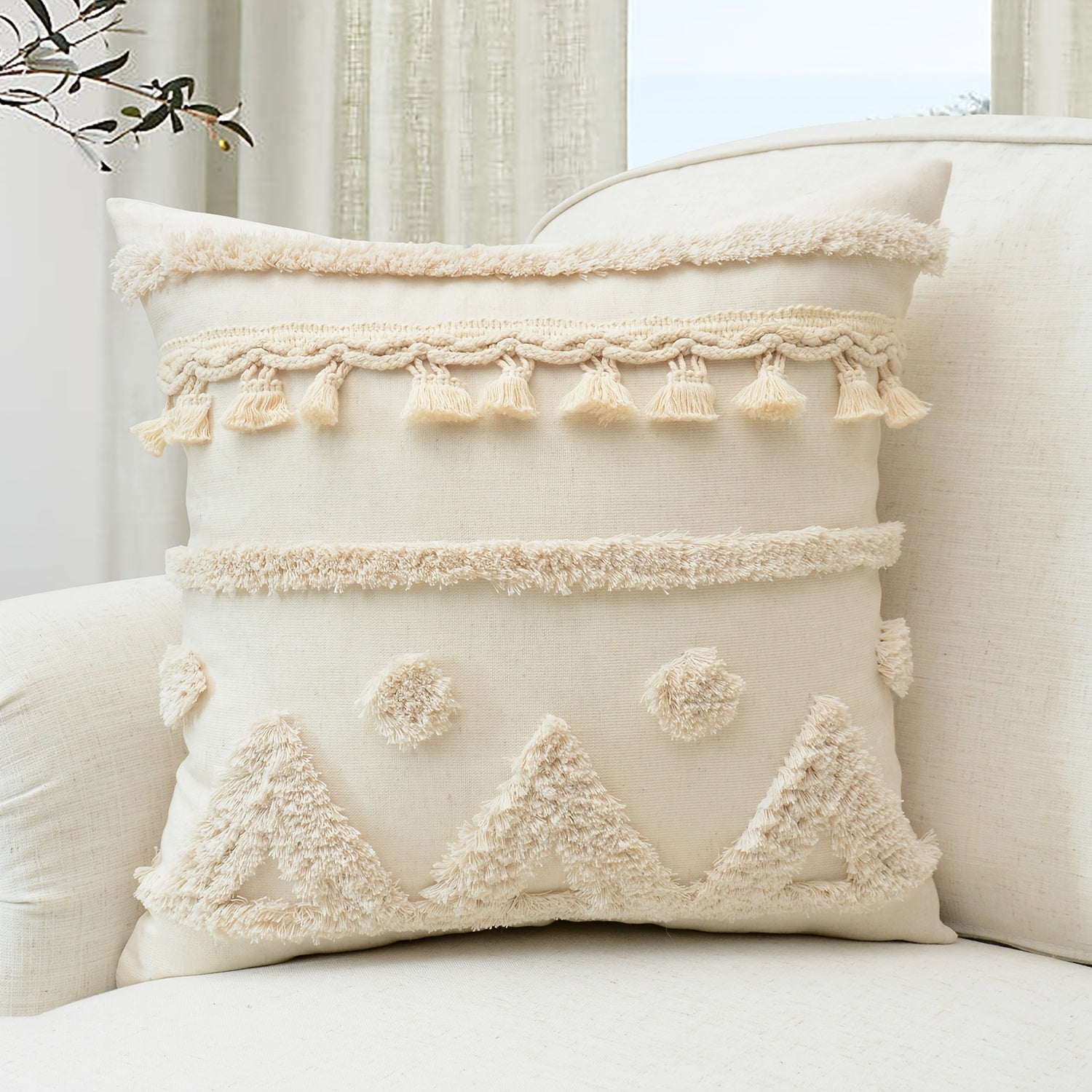 Natural Linen Cushion Cover with Geometric Tassel Detail