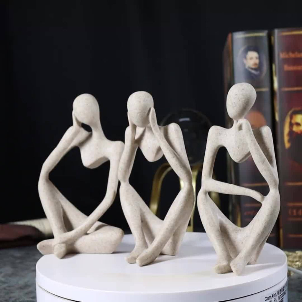Set of 3 Abstract Sandstone Reading Thinker Figurines