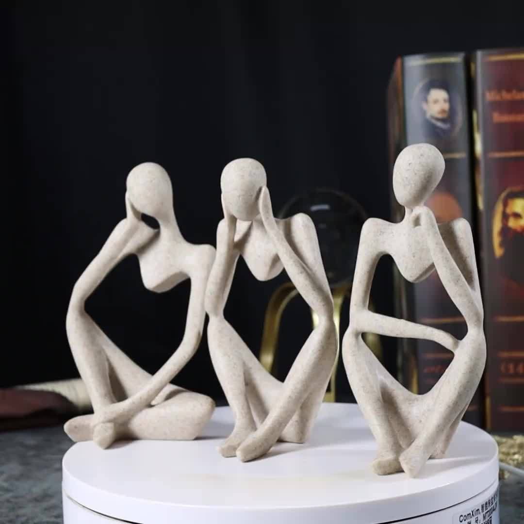 Set of 3 Abstract Sandstone Reading Thinker Figurines