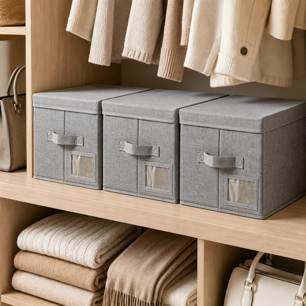 Set of 3 Large Fabric Storage Boxes with Lids