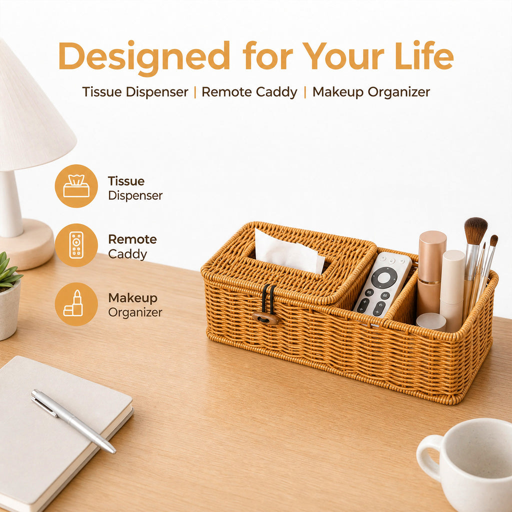 Boho Raffia Desk Organiser with Tissue Holder