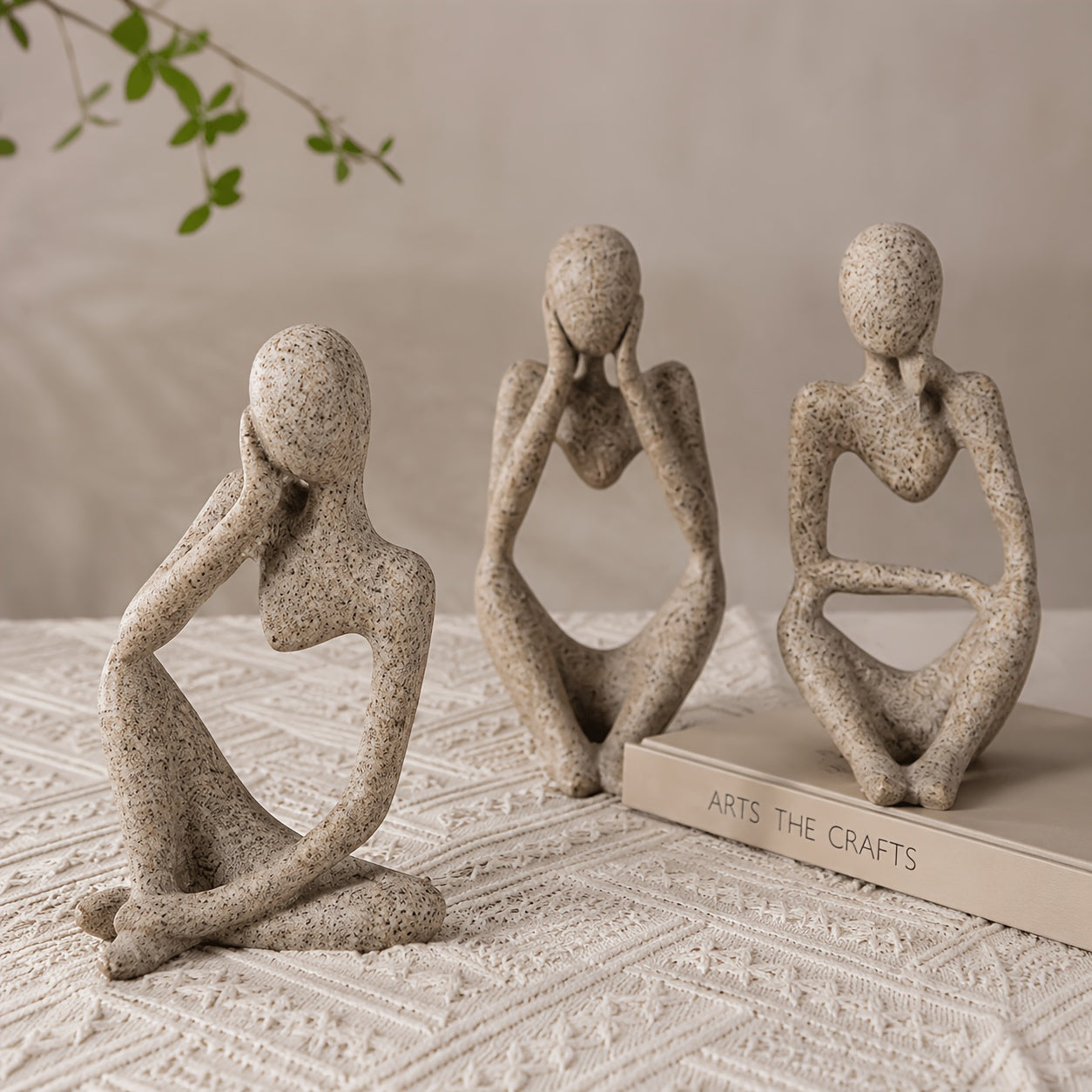 Set of 3 Abstract Seated Human Sandstone Resin Figurines