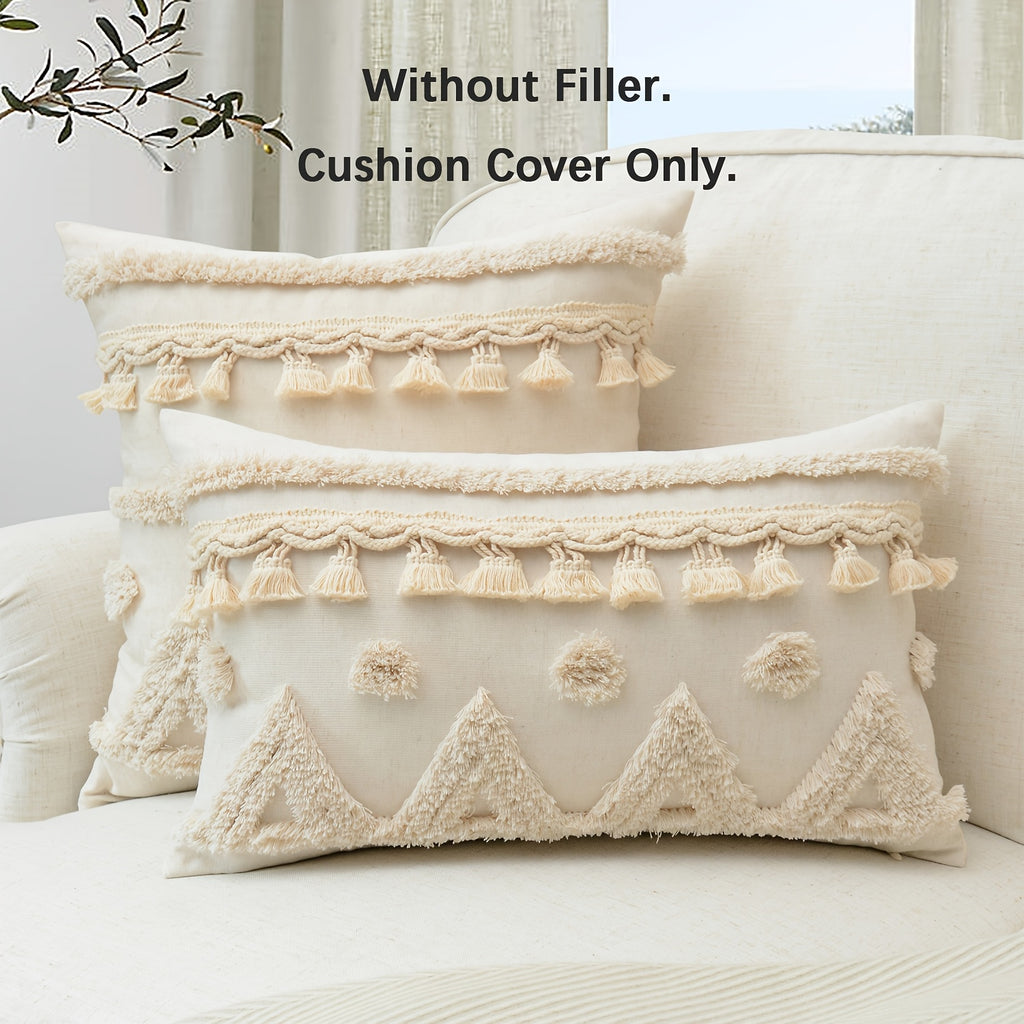 Natural Linen Cushion Cover with Geometric Tassel Detail