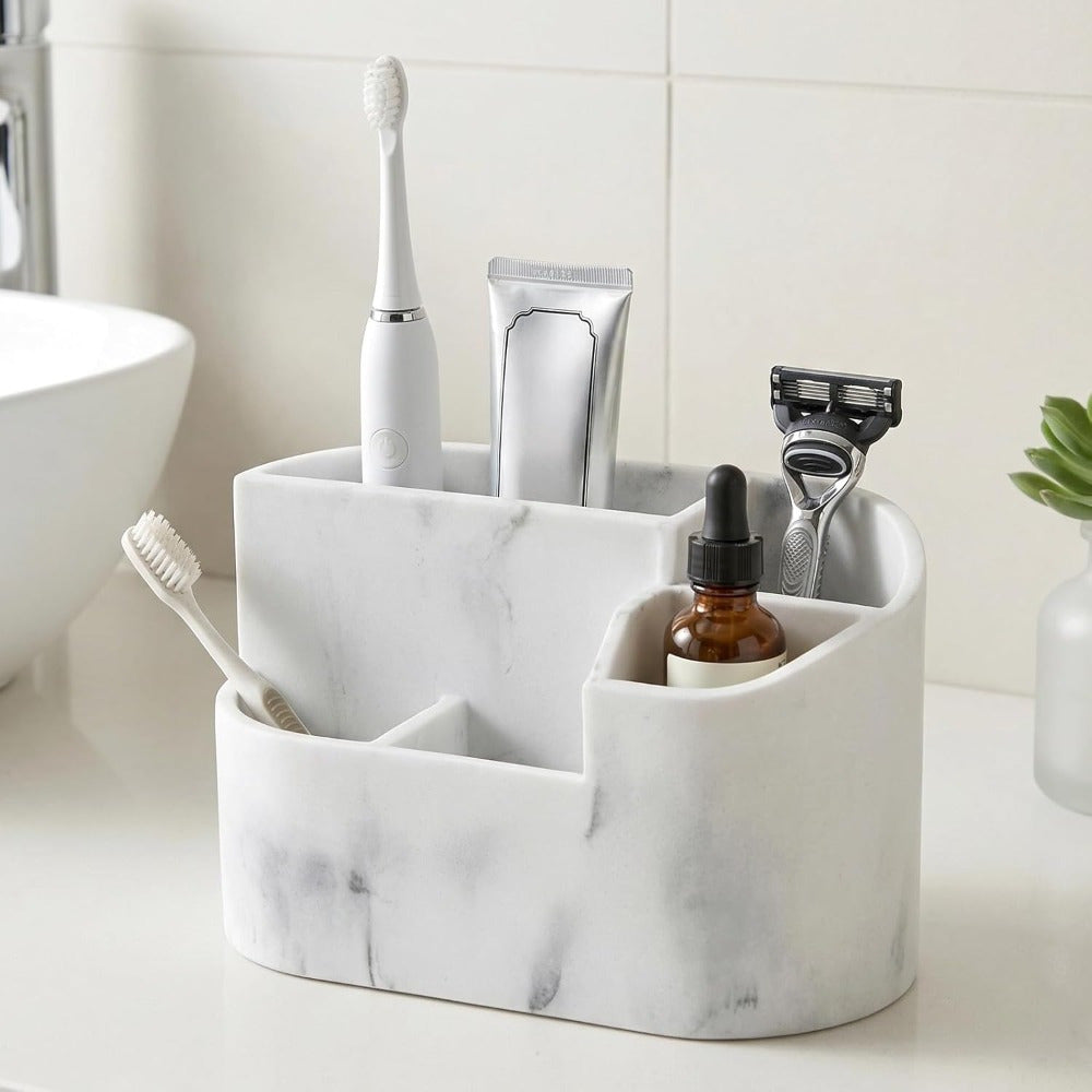 White Marble Resin Toothbrush & Cotton Box Set