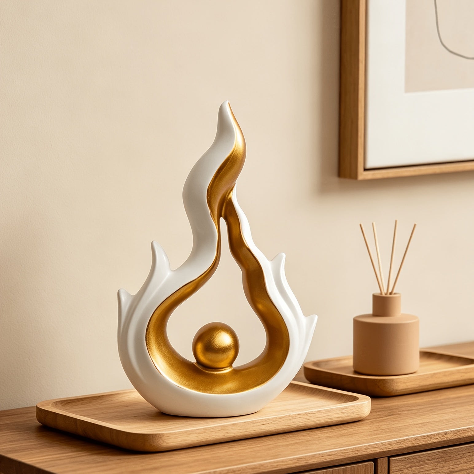 Abstract Flame Resin Sculpture – White & Gold