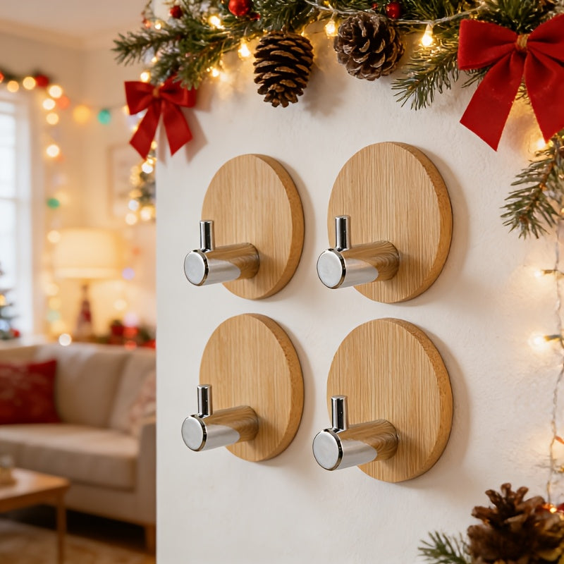 4 Adhesive Stainless Steel Hooks with Wood Base