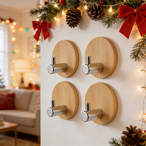 4 Adhesive Stainless Steel Hooks with Wood Base