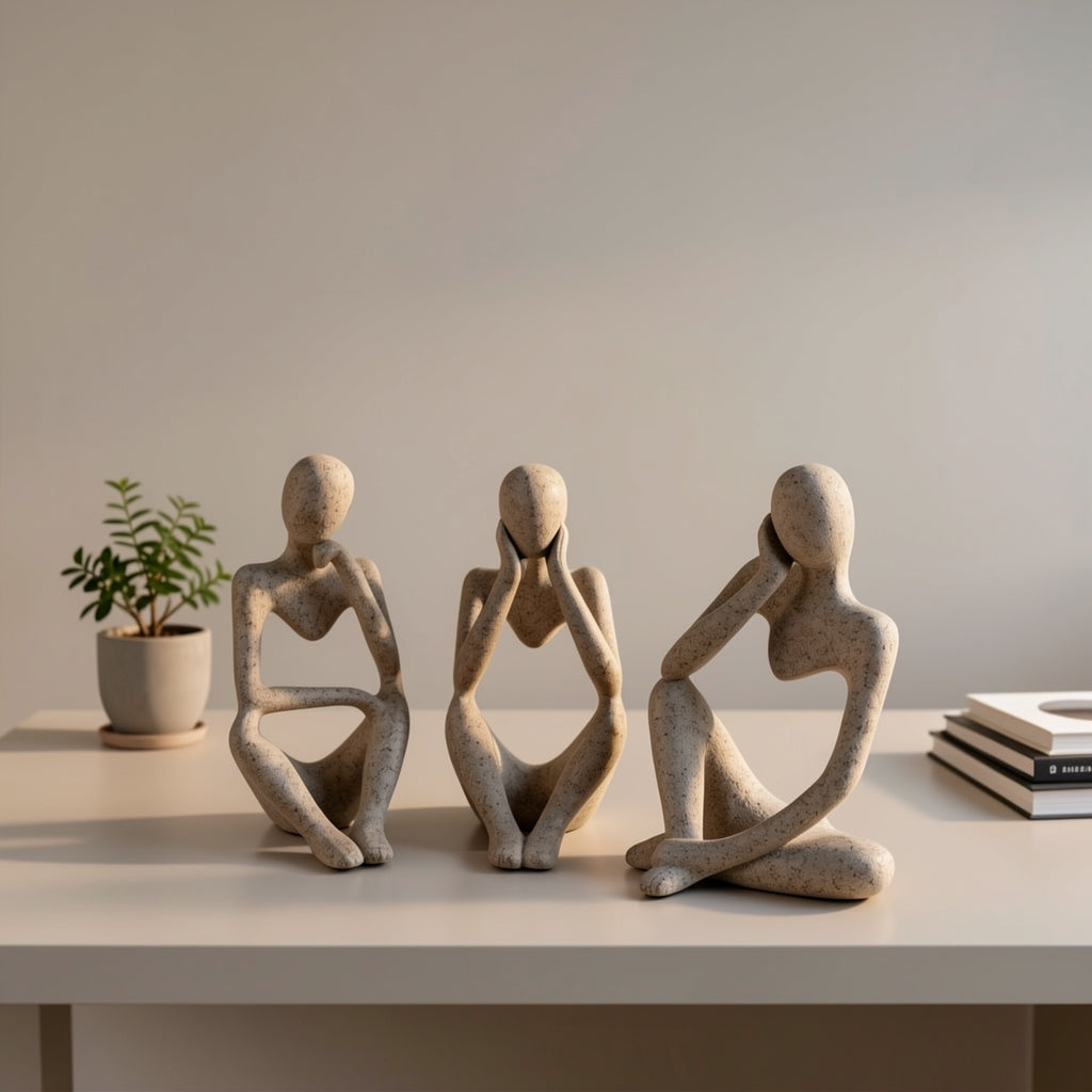 Set of 3 Abstract Seated Human Sandstone Resin Figurines