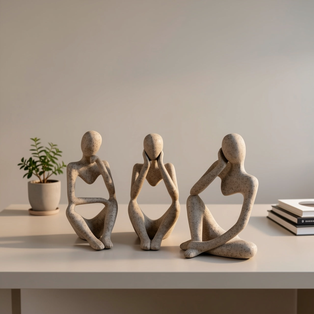 Set of 3 Abstract Seated Human Sandstone Resin Figurines