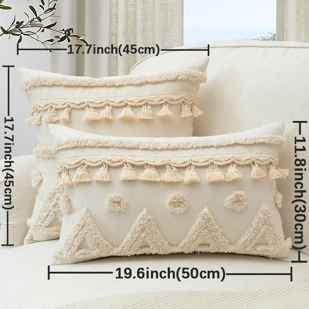 Natural Linen Cushion Cover with Geometric Tassel Detail