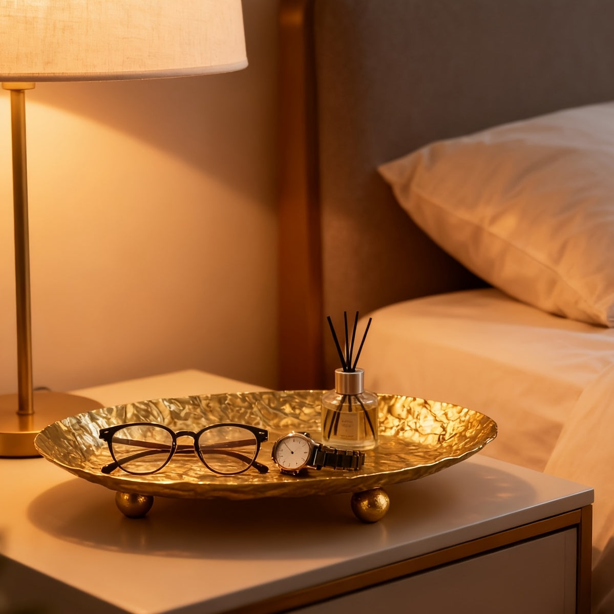 Hammered Gold Wrought Iron Decorative Tray with Tripod Stand