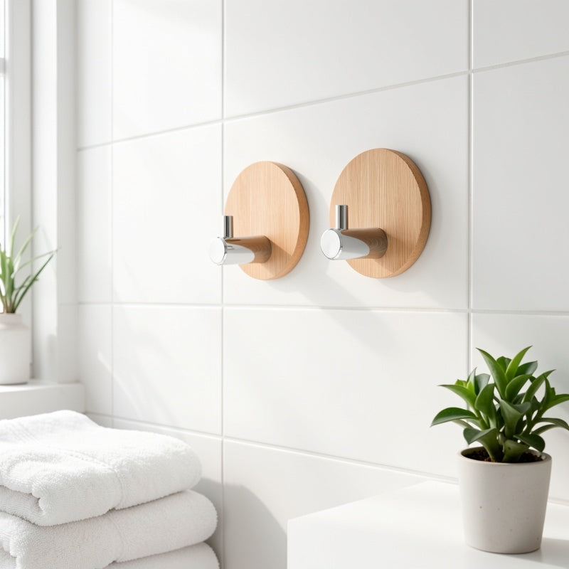 4 Adhesive Stainless Steel Hooks with Wood Base