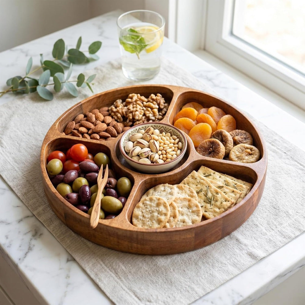 5-Section Round Wooden Snack Serving Board