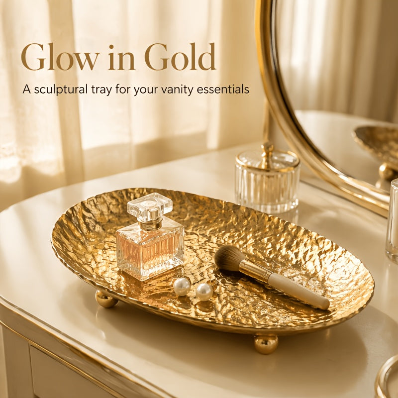 Hammered Gold Wrought Iron Decorative Tray with Tripod Stand