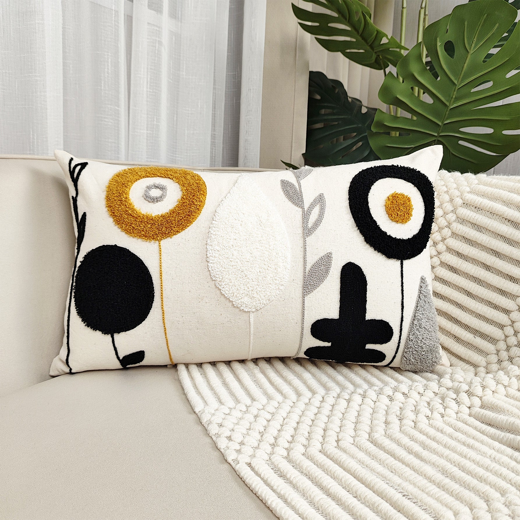 Round Floral Embroidered Cushion Cover