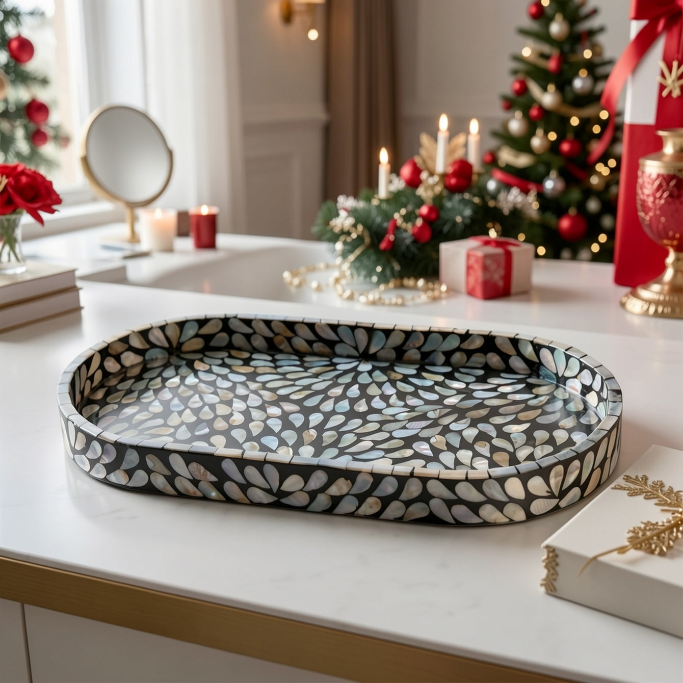 Mother-of-Pearl Inlay Oval Decorative Tray