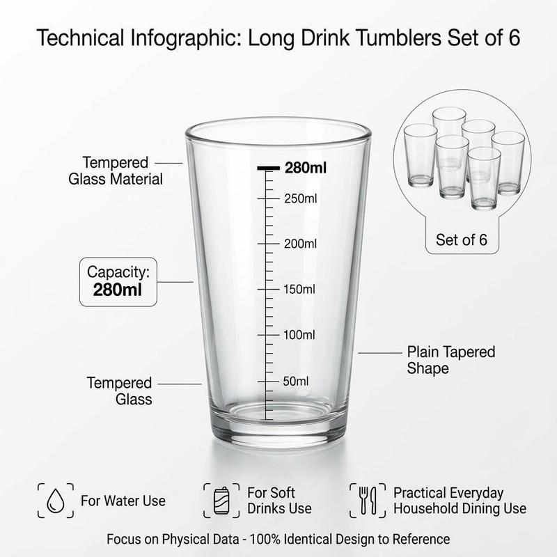 Set of 6 Clear Tempered Glass Tumblers – 280ml