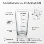 Set of 6 Clear Tempered Glass Tumblers – 280ml