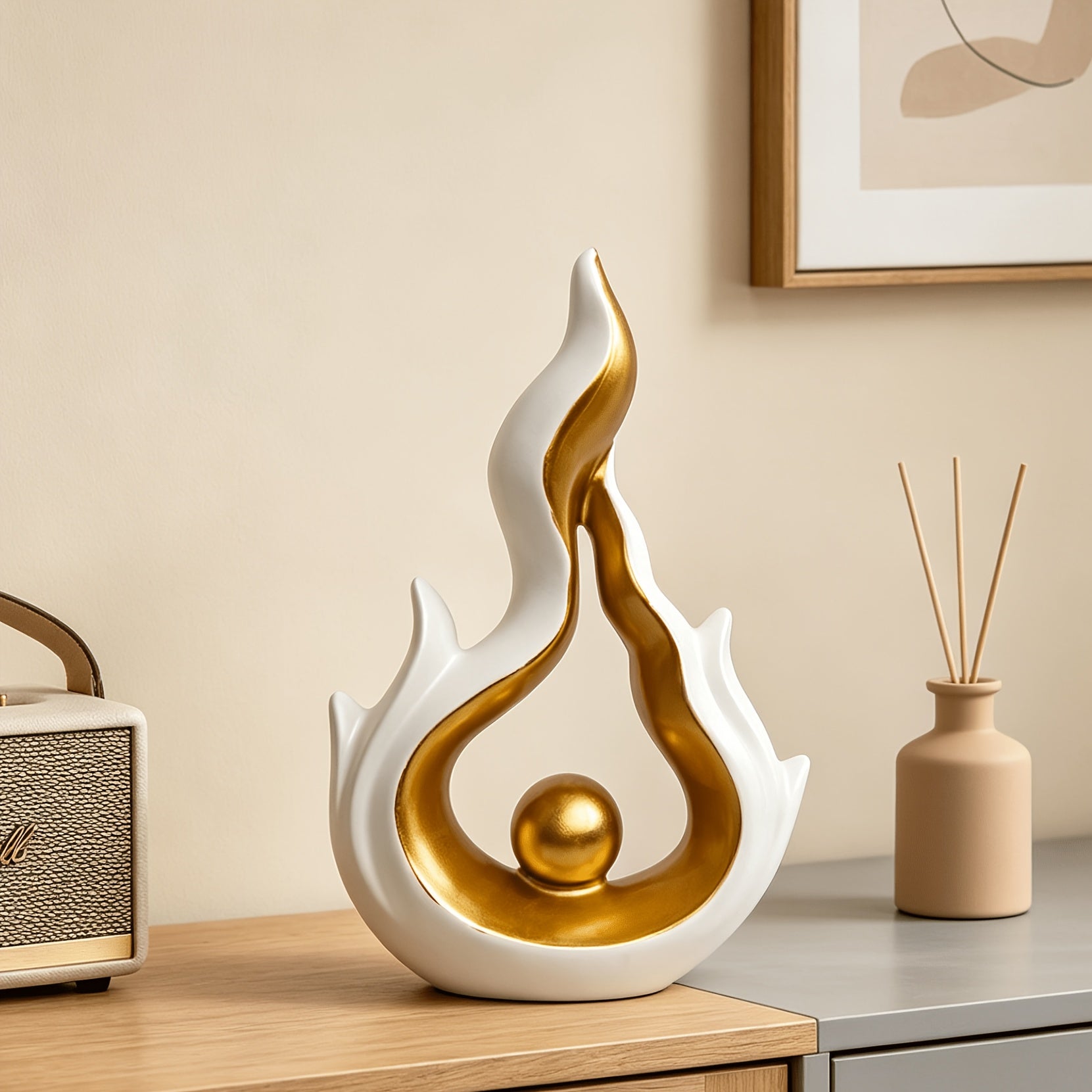 Abstract Flame Resin Sculpture – White & Gold