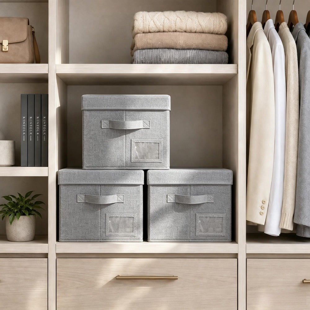 Set of 3 Large Fabric Storage Boxes with Lids