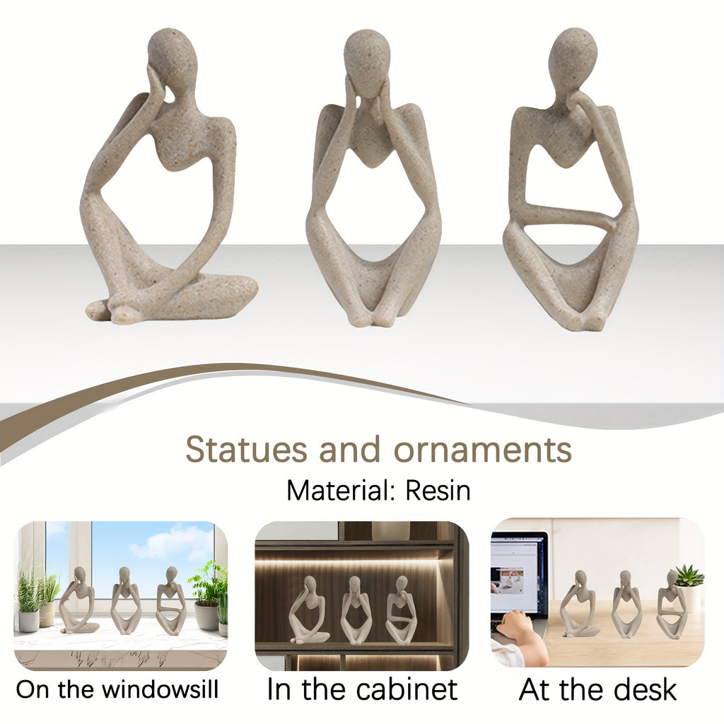 Set of 3 Abstract Sandstone Reading Thinker Figurines