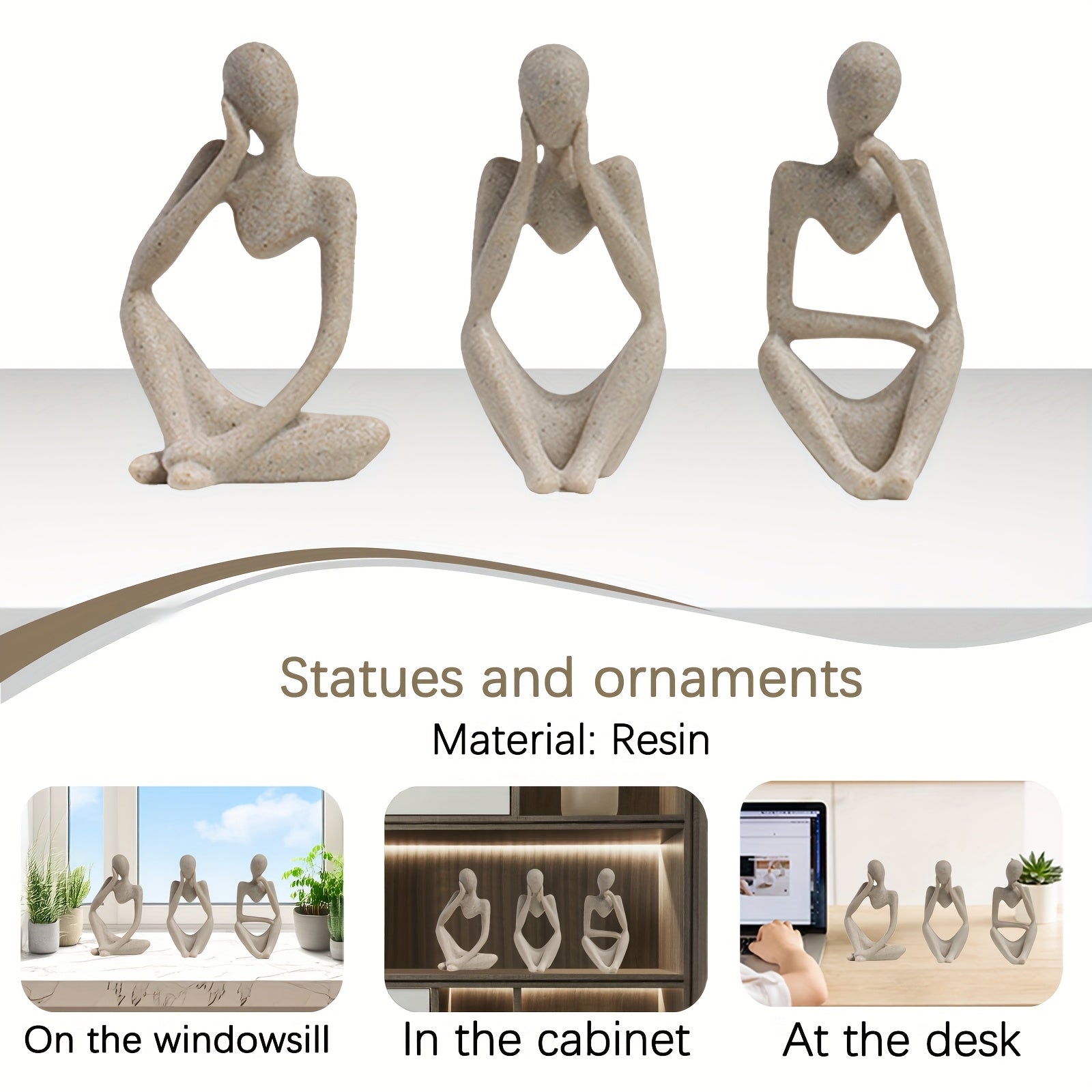 Set of 3 Abstract Sandstone Reading Thinker Figurines